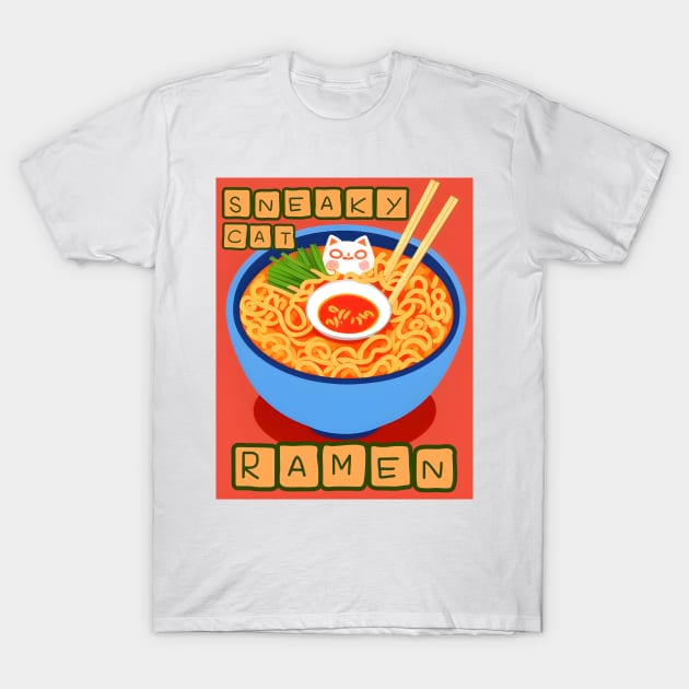 Sneaky Cat Ramen - Kawaii Noodles T-Shirt by MonkeyButlerDesigns